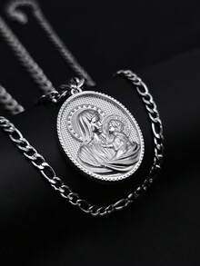 1pc Vintage Portrait Stainless Steel Necklace Round Pendant, Unique Personalized Accessory, High-End Multi-Layer Necklace For Men, Suitable As Birthday Gift For Friends - View 2
