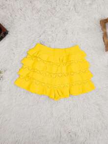 Damen einfarbige süße Y2K Sommer Shorts mit elastischem Bund, Ballettcore, süß, Kawaii, weiße Rüschen Saum, körperbetonter gestrickter Minirock, Sommer Shorts, Strandurlaub - Cremegelb - Übersicht 2