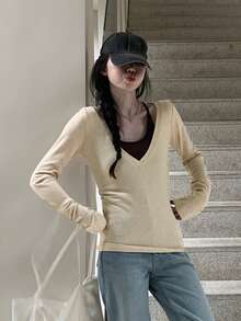 Women's V-Neck Sleeveless Casual Loose Fit Long Sleeve T-Shirt, Versatile Layering Top, Korean Style, Autumn - Apricot - View 4