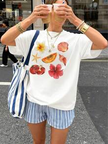 女士Y2K时尚休闲百搭度假纯色简约风格花卉、贝壳、海星、水果图案圆领短袖T恤，春夏款