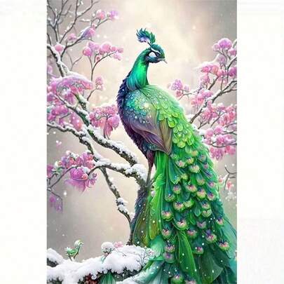 1套5D DIY钻石画套装，雪中孔雀钻石画，适用于客厅卧室装饰，手工DIY钻钻刺绣套装，圣诞装饰品