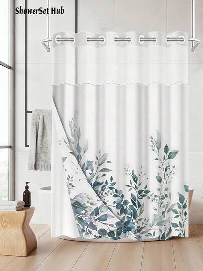1pc Wite Watercolor Blue-Green Botanical Print Shower Curtain Bathroom Set, Elegant Minimalist Style Waterproof And Wear-Resistant Bathroom Decor And Accessories,No Hook Shower Curtain With Snap In Liner With Snap Polyester Fabric - Washable,Easy To Disassemble And Portable, With A Semi-Transparent Top That Allows Good Light Transmission., Perfect For Holiday Decor,Home/Bedroom/House/Western,Spring Decorations