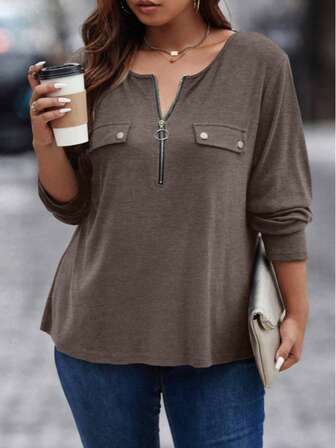 Comfortable Plus Size Knitted Long Sleeve Top For Women Featuring A Stylish Zippered Round Neck