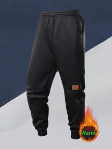 Men's Casual Elastic Waist Thermal Lined Tapered Pants, Simple & Fashionable For Autumn/Winter,Fleece - Black - View 2