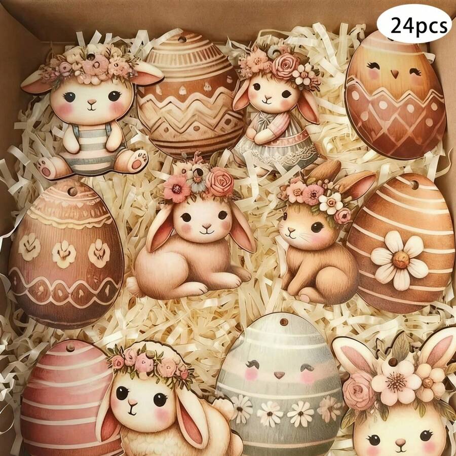 Adornos para árbol de Pascua, conejito de flores rústico, mini adornos de madera para el hogar. - Multicolor - Ver 1