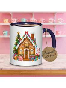 1pc Gingerbread House Ceramic Coffee Mug With Candy Cane & Icing Details - Non-Slip Reusable Tea/Cocoa Cup, Winter, Birthdays - Dishwasher Gingerbread Man House Design Adults & - Navy - View 1