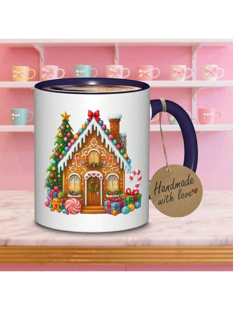 1pc Gingerbread House Ceramic Coffee Mug With Candy Cane & Icing Details - Non-Slip Reusable Tea/Cocoa Cup, Winter, Birthdays - Dishwasher Gingerbread Man House Design Adults & - Navy - View 1