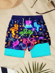 Men's Colorful Print Casual Double-Layer Beach Shorts - Multicolor - View 3