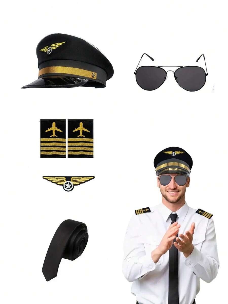 5件套复古派对角色扮演飞行员主题配饰套装，包括帽子、眼镜、肩章、胸针、领带，适合派对、圣诞节、新年嘉年华等场合，是完美的礼物之选。 - 彩色 - 查看 1