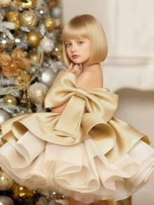 Girls' Elegant Bowknot Off Shoulder Sleeveless Gold Formal Dress, Princess Dress For Birthday Party, Prom, Gathering, Christmas - 金色 - 查看 3