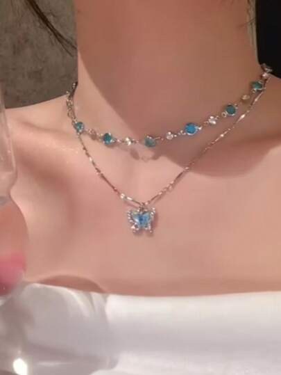 2pcs Handmade Resin Butterfly Pendant Necklace, Alloy Double Layer Necklace, Minimalist Animal Theme, Gift For Her, Valentine's Day Gift, Suitable For All Seasons, Everyday And Special Occasions, Korean Daily Style