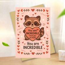 1pc Cute Raccoon Holding Heart You Are Incredible Love Message Card Greeting Card With Envelope Adorable Animal Illustration With Romantic Heart And Affectionate Text Perfect For Valentine's Day, Great For Friends, Lovers, Colleagues