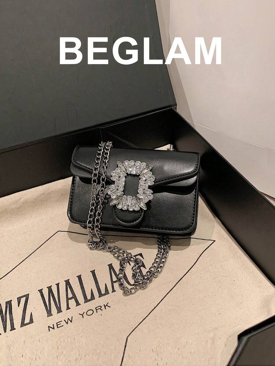 Mini Rhinestone & Metal Decorated Crossbody Bag, Fashionable Underarm Bag With Flap & Metallic Chain Shoulder Strap, Women's Stylish Wallet - Black - View 1