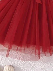 Valentine's Day Party Outfit For Girls - Ruffled Jacket Paired With Sleeveless Heart Pattern Mesh Dress, Elegant 2-Piece Set - Red - View 6