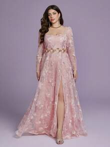 MGIACY Robe Maxi Grande Taille Rose à Dentelle Florale, Encolure Cœur, Manches Longues, Fente Haute en Tulle, Robe d'Été Élégante pour Femmes pour Mariage, Fête & Festival - Rose bonbon - Voir 5