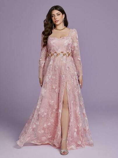 Đầm maxi dài tay dài, xẻ cao, màu hồng ren hoa ren MGIACY dành cho nữ cỡ lớn, kiểu dáng thanh lịch, thích hợp cho mùa hè, đám cưới, dạ hội, tiệc tùng và lễ hội.