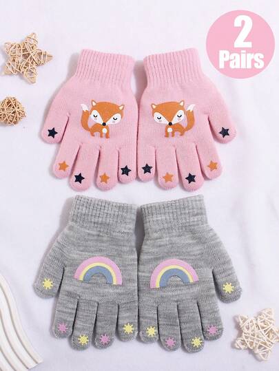 2 pares de guantes de punto con patrón de animal de dibujos animados lindos para niños, cálidos para otoño/invierno
