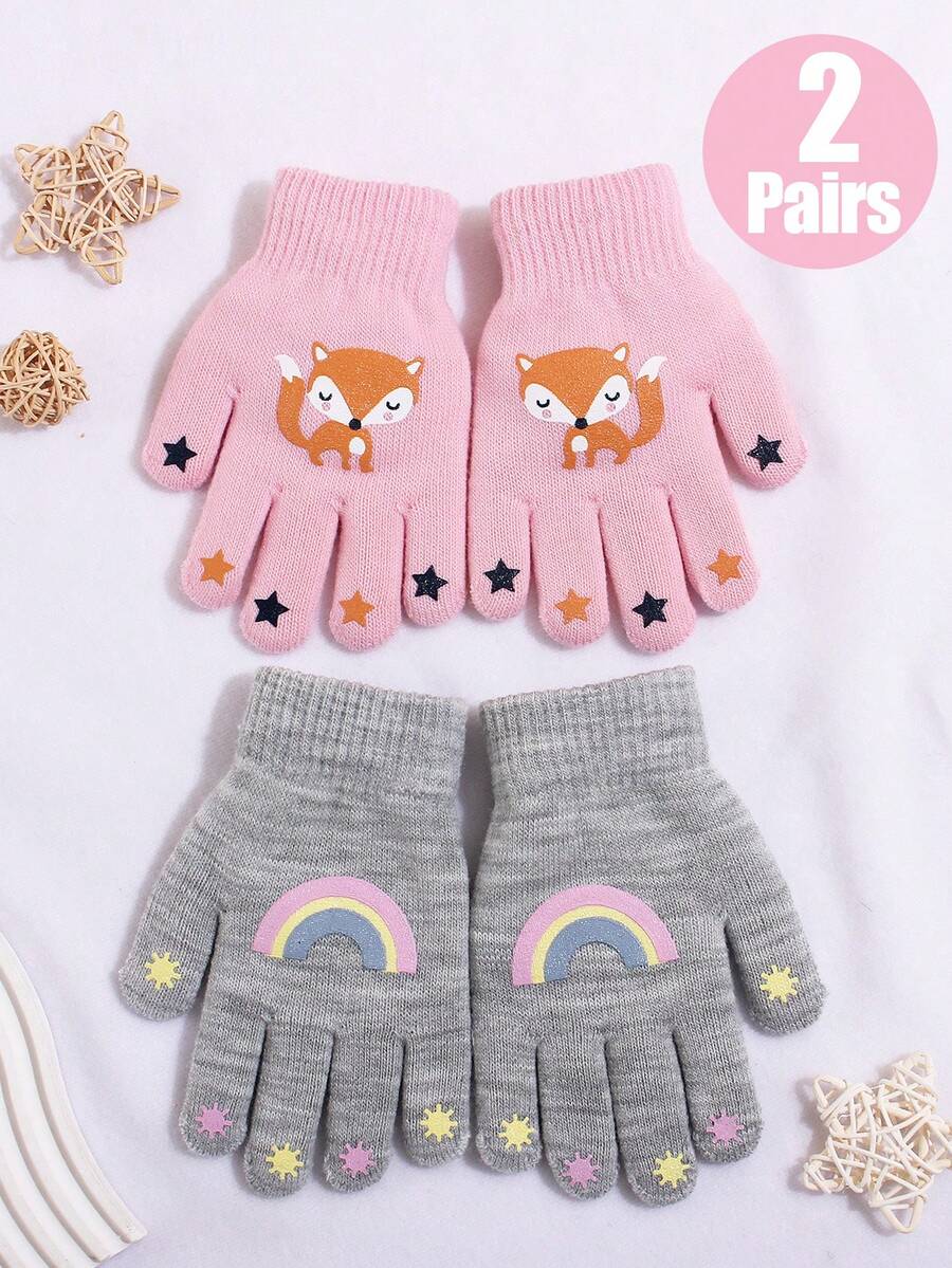 2 Pairs Kids Cute Cartoon Animal Pattern Knitted Gloves, Warm For Autumn/Winter - Multicolor - View 1
