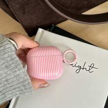 Minimalist Pink Striped Earphone Case With Hanging Loop, Compatible With Apple Pro 3/Pro 2/Pro/ 4/3/2, Fashionable Women Earphone Case, Minimalist Earphone Case, Apple Earphone Case, Apple Earphone Cover - Pink - View 2