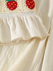 少女草莓针织图案荷叶边吊带背心搭配阔腿裤，时尚休闲装扮 - 杏色 - 查看 4