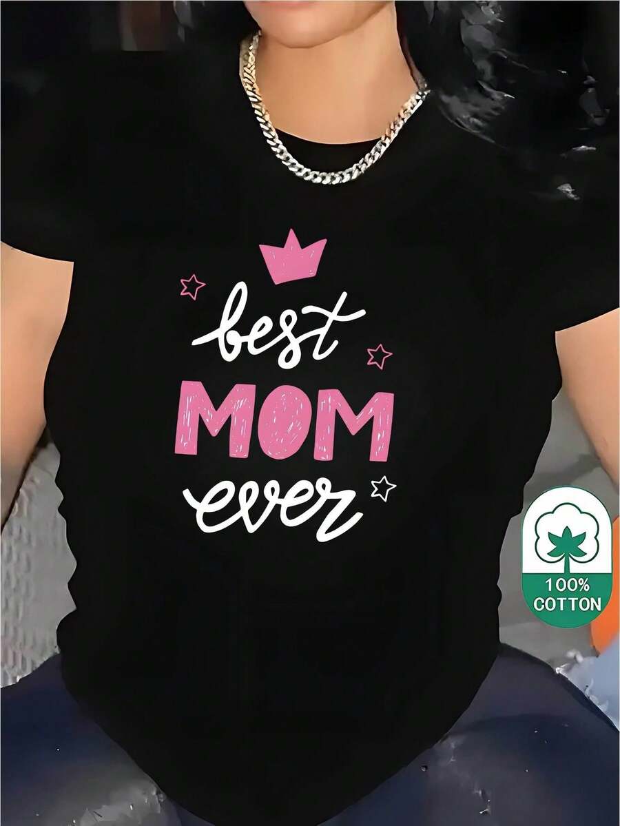1 camiseta con estampado digital divertido mejor, mamá, corona, estrellas 180g, serie clásica, camiseta de manga corta para mujer, 100% algodón, cuello redondo retro casual - Negro - Ver 1