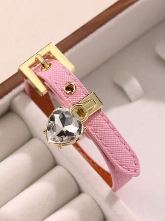 1pc Faux Diamond Bracelet, Leather Cuff With Rhinestones, High-Quality Electroplated Non-Fading, Suitable For Women's Daily Wear, Holiday Gift Choice