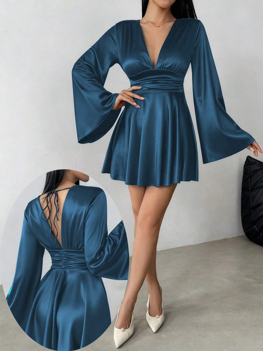 Elegant Ruffle Twist Backless V-Neck Long Sleeve Sexy Versatile Cinched Waist Fitted Mini Dress - Navy Blue - View 1