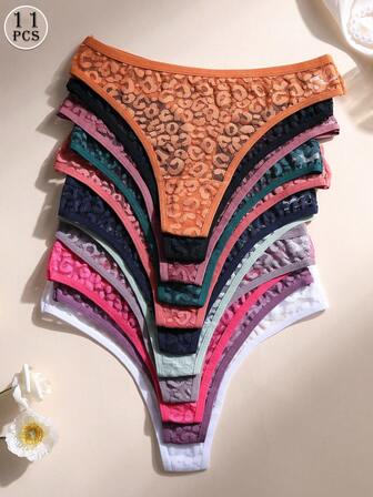 11 PCS Women's Sexy Leopard Lace Thong Low Waist Seamless Panties Hollow Out Comfortable And Breathable Lingerie Underwear