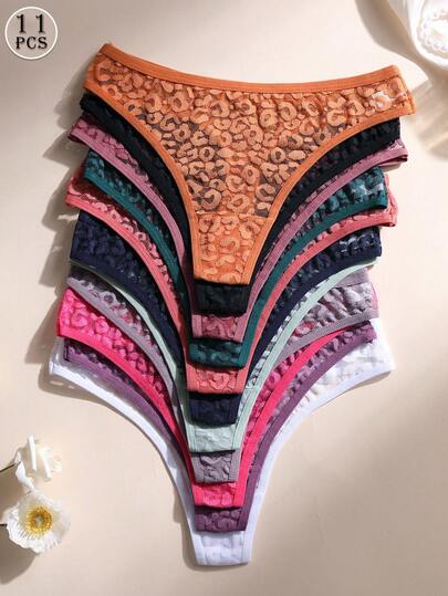 11pcs/Pack Women's Sexy Leopard Lace Thong Panties, Low Waist Seamless Hollow Out Breathable Lingerie