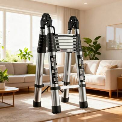Escalera Telescópica de Acero Inoxidable 3.8MA, Escalera de Bambú con Articulaciones, Escalera Plegable para Hogar con Pies Antideslizantes, Escalera Multiusos Plegable para RV o Trabajo al Aire Libre, Capacidad de 149.69 KG