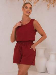 Women's Tank Top And Shorts Set - 紅色 - 查看 3