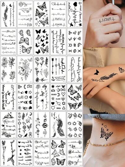 30pcs/Set Small Cute Hand Tattoo For Women And Men, Black Flower, Moon, Stars, Heart Pattern Temporary Tattoo Stickers For Hand Back, Leg, Fingers, Chest And Body Dcor, Waterproof Fake Tattoo For Holiday Daily Body Decor