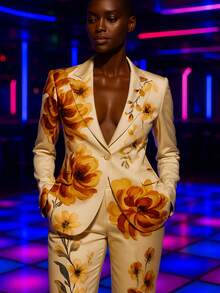 Tailored Floral Print Blazer & Straight-Leg Trousers Two-Piece Suit - 杏色 - 查看 4