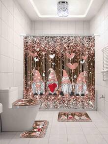 1/4pcs Valentine's Day Love Gnome Bathroom Set, Decorative Bathroom Set Includes Printed Shower Curtain, Bath Curtain, Anti-Slip Mat, Toilet Lid Cover, Bath Mat And 12 Plastic Hooks, Bathroom Accessories, Home Decor, Dorm Decor