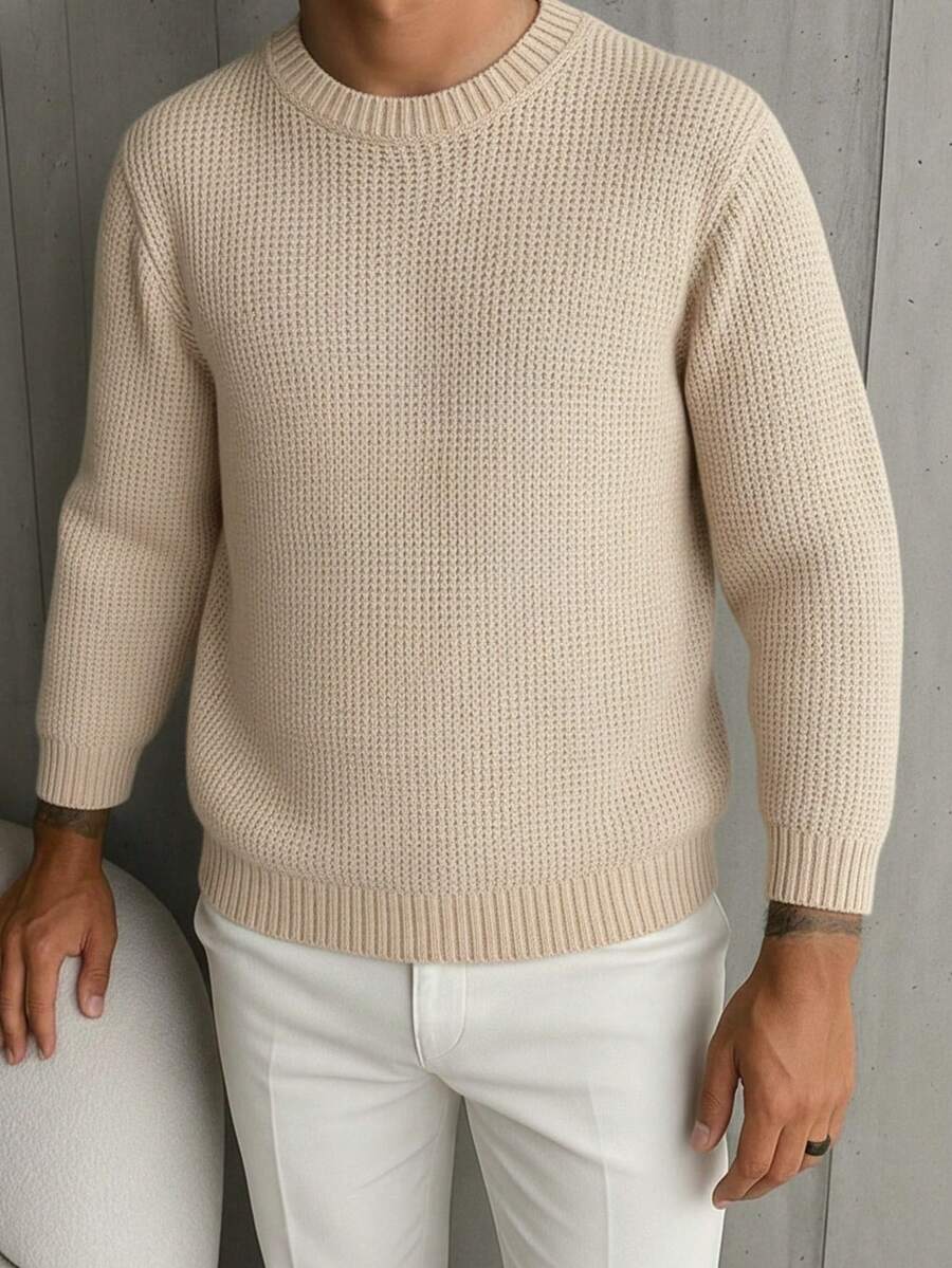 男士圆领7针提花针织长袖毛衣 - 駝色 - 查看 1