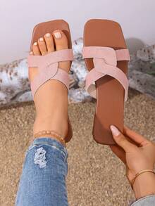 Women's Flat Sandals, New Fashion Low Heel Soft Bottom Slippers, Wide Feet Recommend Sizing Up One, Solid Pink Criss-Cross Strap Summer Beach Slides