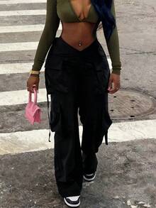 Street Vibes Tape Flap Pocket Side Cargo Parachute Trousers - Black - View 1