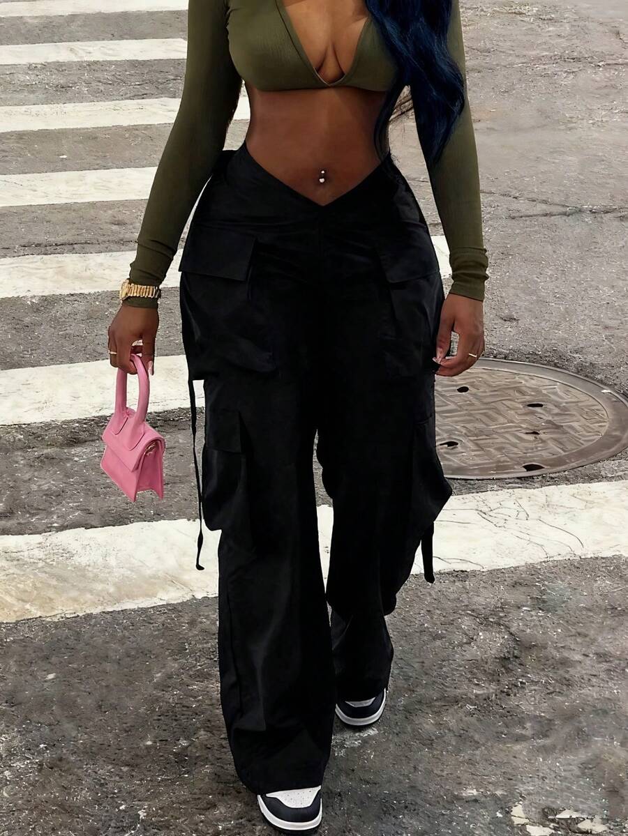 Street Vibes Tape Flap Pocket Side Cargo Parachute Trousers - Black - View 1