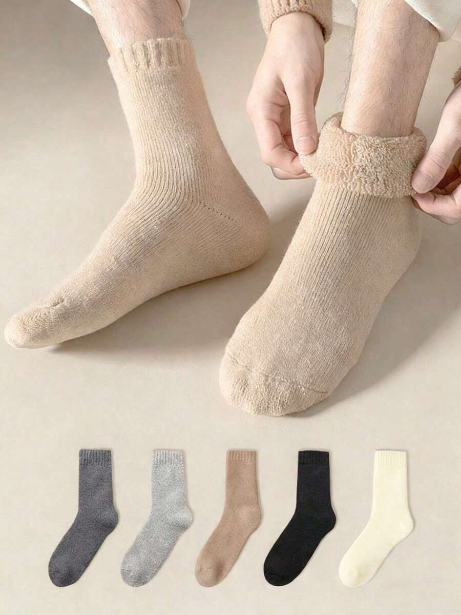 5 Pairs Women's Warm Winter Socks, Thickened Classic Style, Solid Color Merino Wool Socks, Cold & Snow Proof, Plush Lining Comfortable, Suitable For Autumn/Winter, Moisture-Wicking, Quick-Drying, Fashionable & Versatile, Black - Multi-color a - View 1