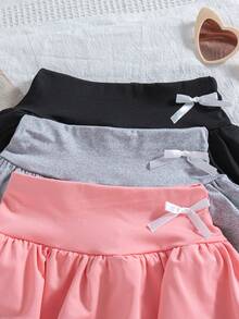 3pcs/Set Rok Berlapis Warna Polos Kasual untuk Anak Perempuan dengan Dekorasi Pita 3D - MultiWarna - View 4