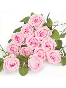 12 szt. różowych róż, sztuczne kwiaty, prawdziwe aksamitne kwiaty z łodygami, hurtowo do dekoracji domu DIY, na wesele, imprezę, walentynkowe prezenty, sztuczna róża - Różowy - Zobacz 10