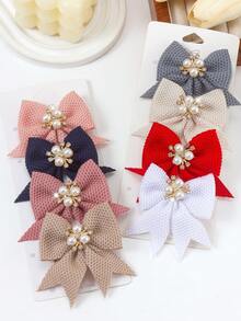 8pcs Vintage Textured Fabric Bow Pearl Rhinestone Barrettes, Cute Girl's Hair Clips, Suitable For Daily Wear And Party, Autumn/Winter - Multicolor - View 7