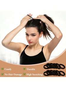 [200 Pieces] Large Black Hair Tie, Suitable For Thick Seamless Hair Tie For Women And Girls, Elastic Ponytail Fixator, Suitable For Non-Destructive Hair Tie For Thick Curly Hair. Very Suitable For Daily Wear, Sports And Fitness, Leisure Gatherings, Ponytail Holders, Hair Elastics, Hair Rubber Bands, Hair Rope, Hair AccessoriesCasual    Polyester - 50Pcs-Black - 查看 11