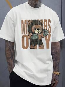 Men's Vintage "Members Only" Punch Bear Boxing Graphic T-Shirt - Loose Fit Streetwear Summer Tee With Retro Print, Short Sleeve Round Neck Casual Shirt - 白色 - 查看 7