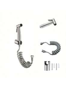 1 Set Stainless Steel Toilet Bidet Sprayer, Includes Bidet Sprayer, Hose, Adhesive Shower Holder, 1-To-2 Angle Valve, Pet Cleaning Sprayer, Handheld Toilet Cleaner, Pressurized Water Gun, Telephone Cord Hose Bathroom Bathroom Accessories Bathroom Tools - Silver - View 8