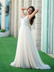 YOUKEFEIER Elegant V-Neck Lace Beaded Long Champagne Wedding Dress - Apricot - View 4