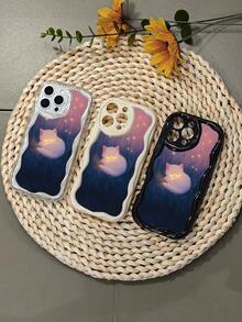 Funda de Silicona TPU Gatito Kawaii Estilo Artístico para iPhone X/XS/XR/11/12/13/14/15/16, Protectora Suave con Diseño de Gato en la Luna, Ideal para Mujeres y Jóvenes, Accesoorio de Moda - Blanco - Ver 4