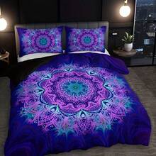 3pcs Bohemian Mandala Print Bedding Set, Symbolizing Filtering Nightmares And Retaining Pleasant Dreams, 100% Polyester Breathable Bedding, With Zipper Closure, Machine Washable, Digital Printed Duvet Cover And 2 Pillowcases, Suitable For Bedroom And Dorm Decor - 1 Duvet Cover + 2 Pillowcases (Filling Not Included) - Purple - View 8