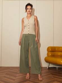 Women's Elegant Solid Color Waist Cinched Straight Leg Dress Pants - Army Green - View 6