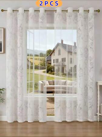 2pcs White Luxury Sheer Curtains - Elegant Floral Pattern, Suitable For Living Room, Bedroom, Dining Room, Cafe, Hotel, Study, Farmhouse Decor With Grommet